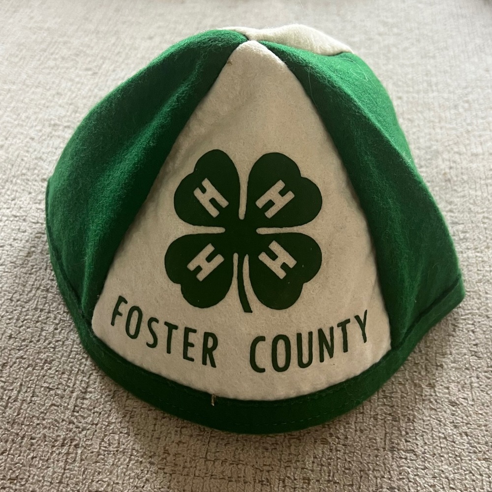 Vintage 4-H Foster County Felt Beanie Hat Green White Felt Crafters Made in USA